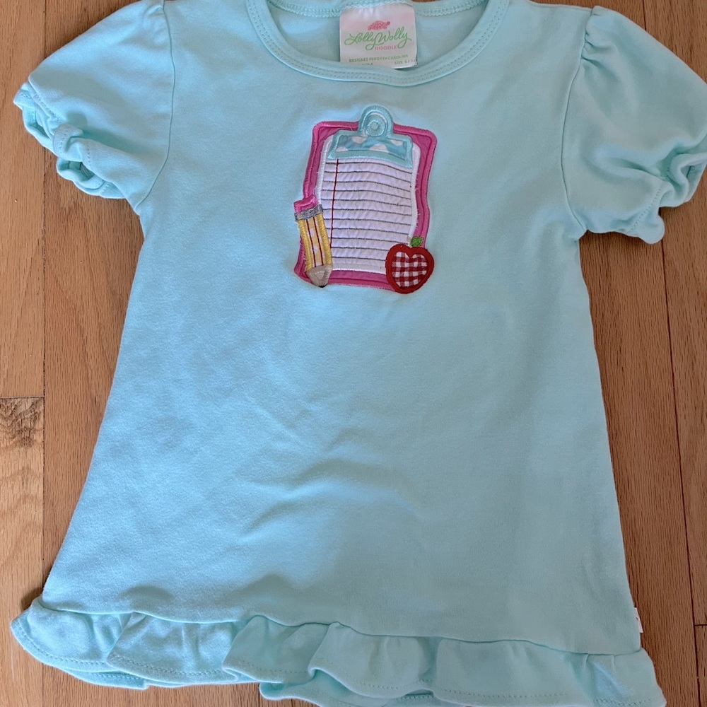 Boutique girl Lollywollydoodle size 6/7 back to school top embroidered
